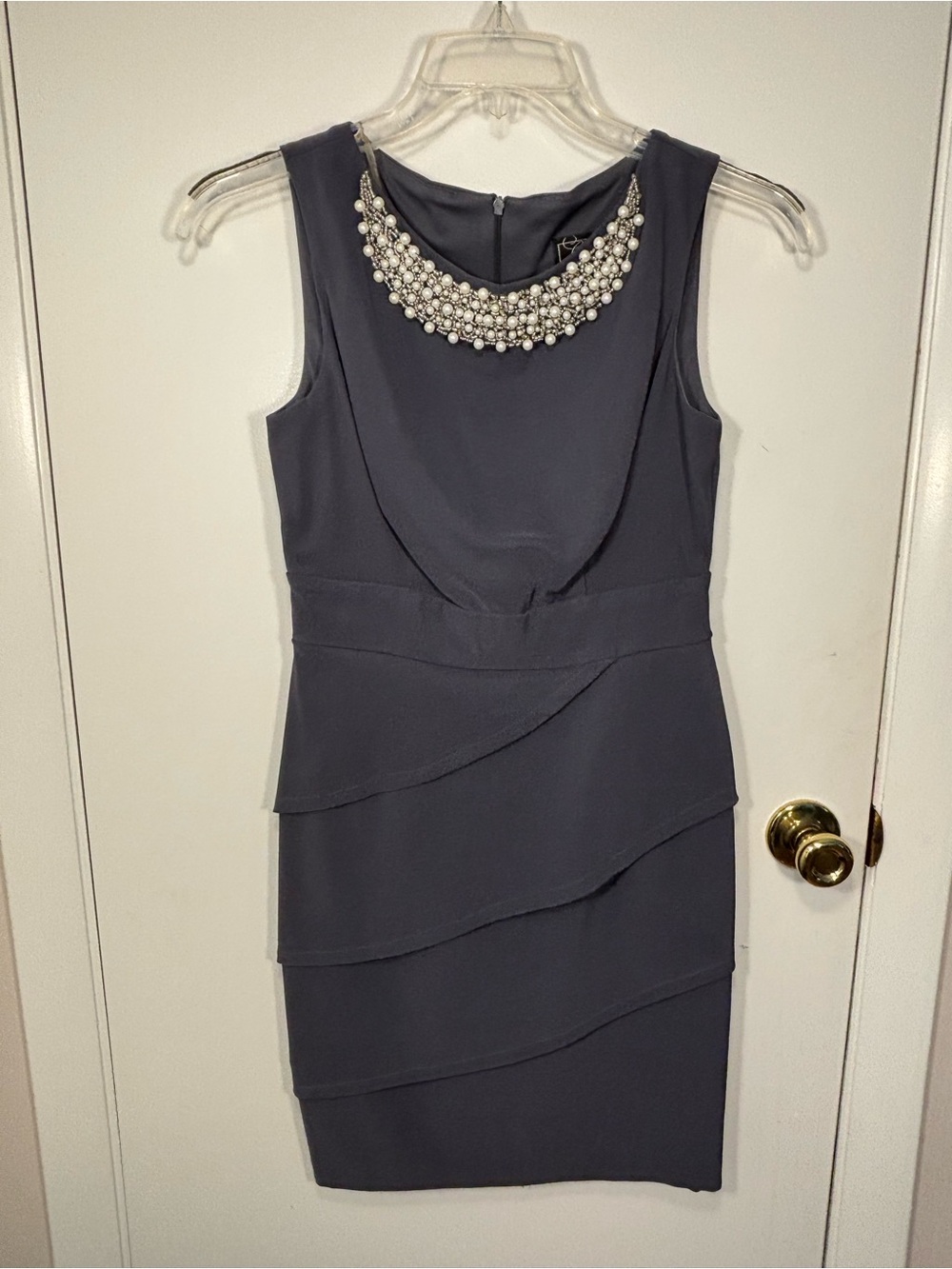 Dressbarn Size 4 Gray Pearl Rhinestone Embellished Sheath Cocktail Dress